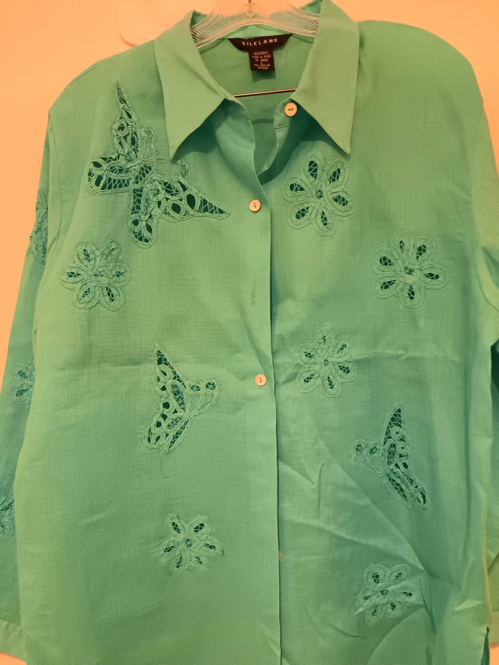 Vintage SilkLand 100% Ramie Teal Button Down Blouse L Butterfly Crochet Cutout